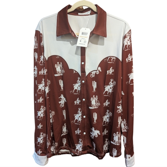 RANCH DRESSN Fallon Taylor Brown Buckaroo Performance Rodeo Cowgirl shirt sz XL - Picture 9 of 13